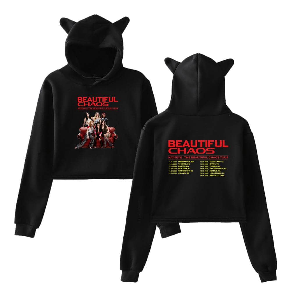 Black hoodie sweatshirt featuring Justin Bieber swag merchandise with a "Beautiful Chaos" tour graphic and images of the pop star with fans.