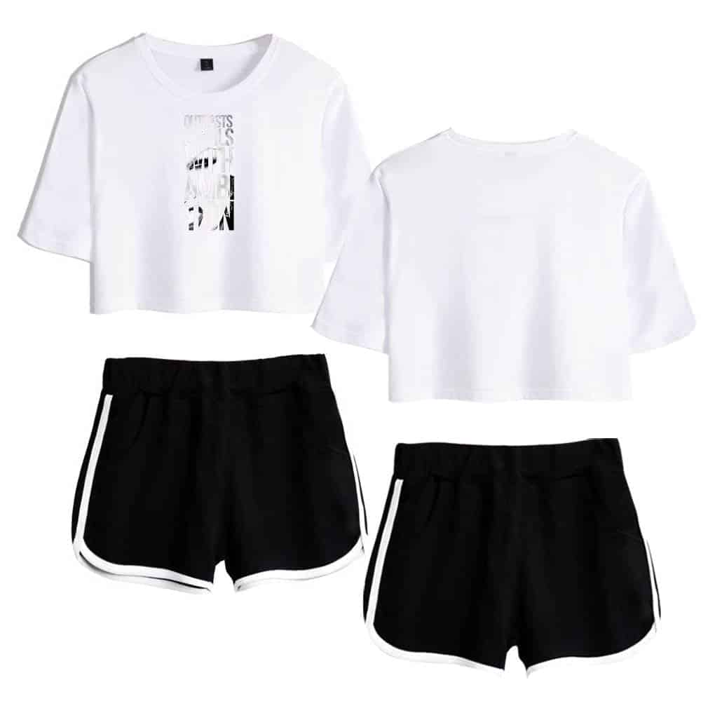 White cropped t-shirts with Justin Bieber swag text design, paired with black athletic shorts featuring white side stripes, perfect for fans of Justin Bieber's stylish merch.