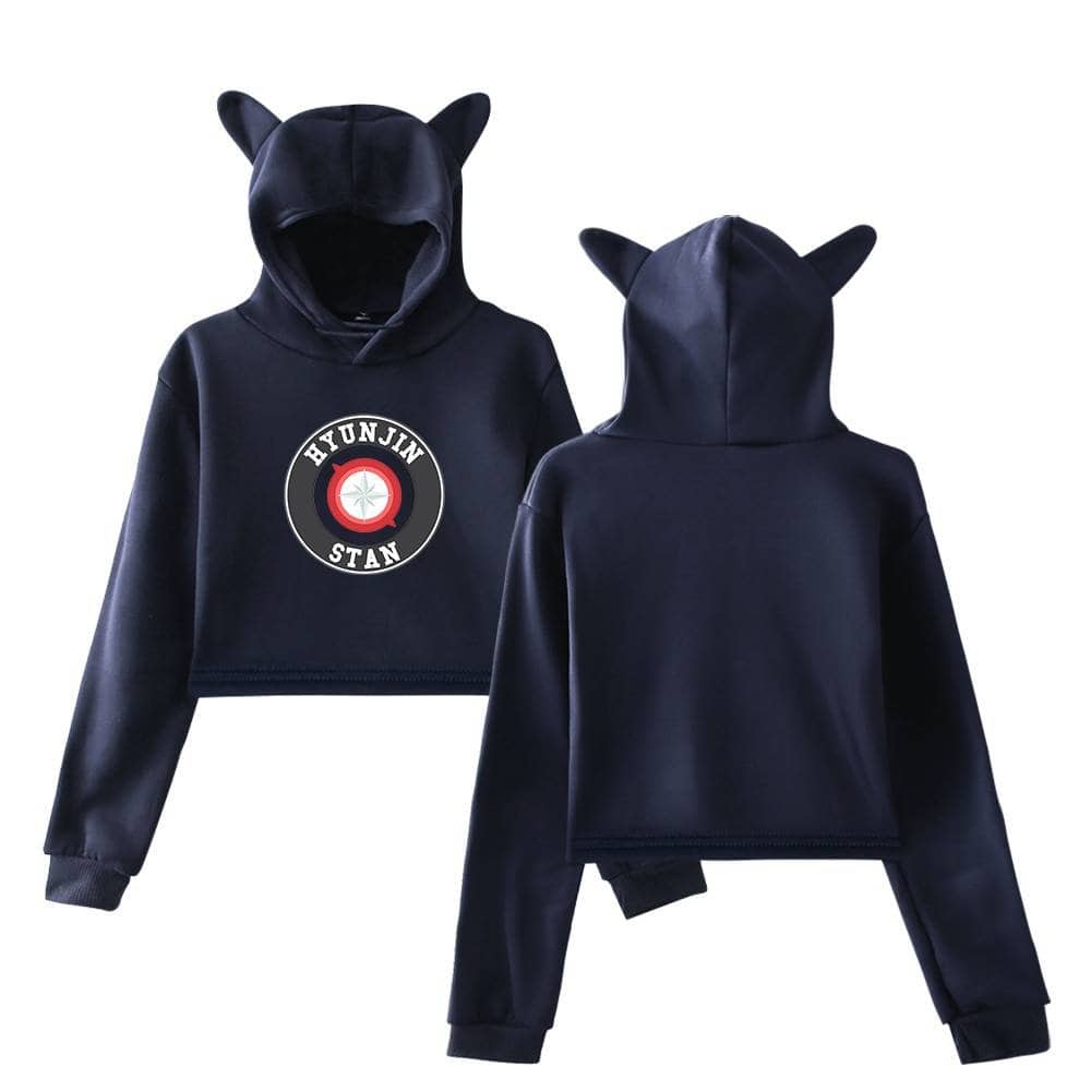 Black hoodie with cat ears and "HYUNJIN STAN" logo, perfect for Justin Bieber swag merch fans and K-pop enthusiasts. Stylish and cozy, ideal for trendy streetwear outfits.