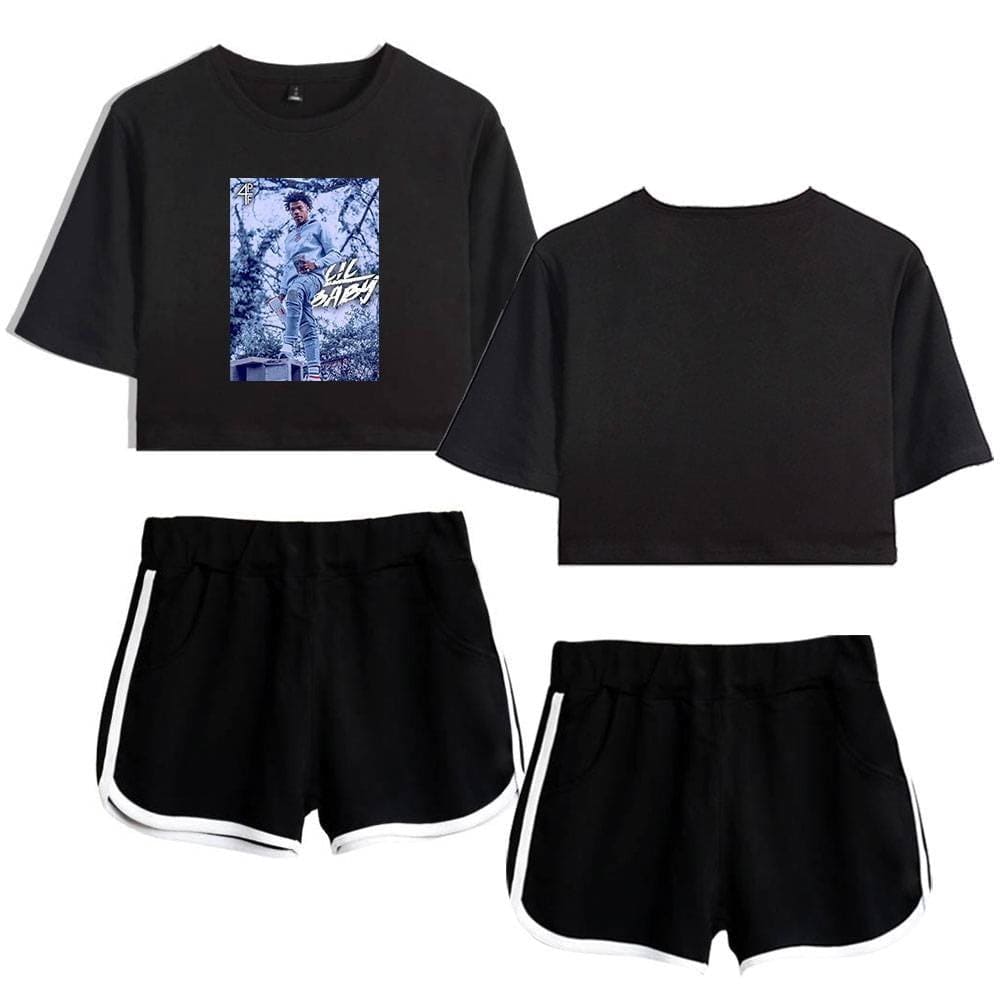 Justin Bieber swag merch, stylish black crop tops with graphic print and comfortable black athletic shorts with white trim, perfect for casual and streetwear fashion.