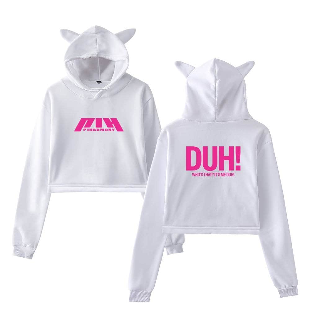 Pink Justin Bieber swag hoodie set with "Harmony" logo on the front and "DUH! Who’s that? It’s me Duh!" on the back, featuring animal ear details on the hood for a playful, trendy look.