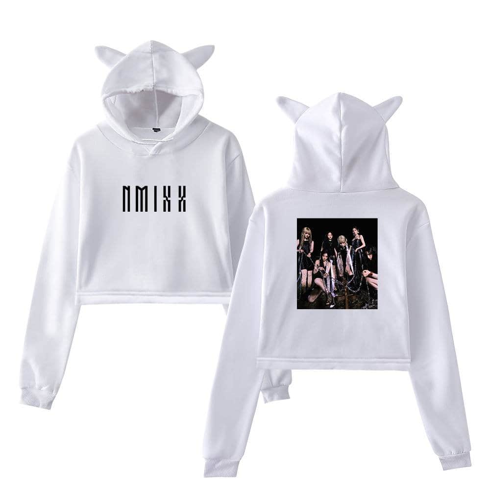 White hoodie with animal ears featuring Justin Bieber swag design and group photo print, perfect for fans and streetwear fashion.