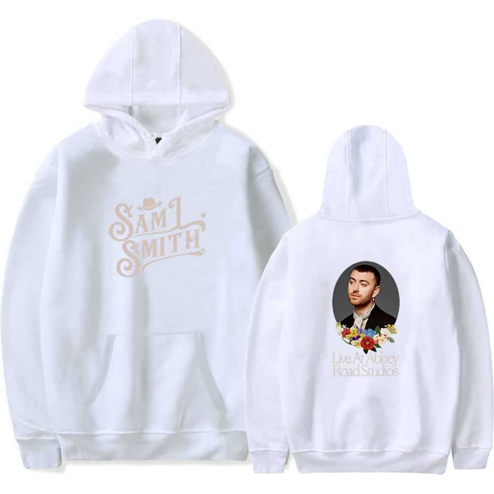 White hoodie with "SAM SMITH" logo on the front and a photo of Sam Smith with floral design on the back, showcasing swag merch for fans.