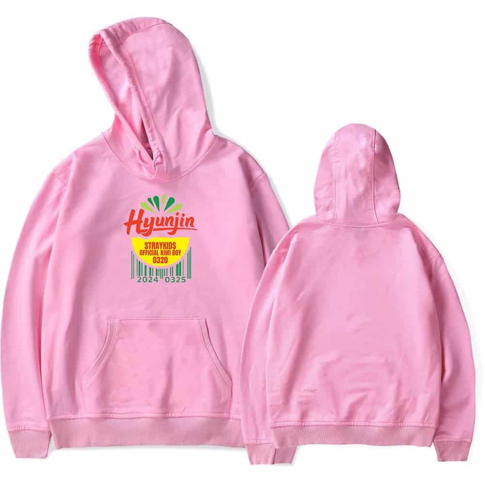 Pink hoodie with "Hyunjin" and barcode design, stylish and casual swag merch for Justin Bieber fans.