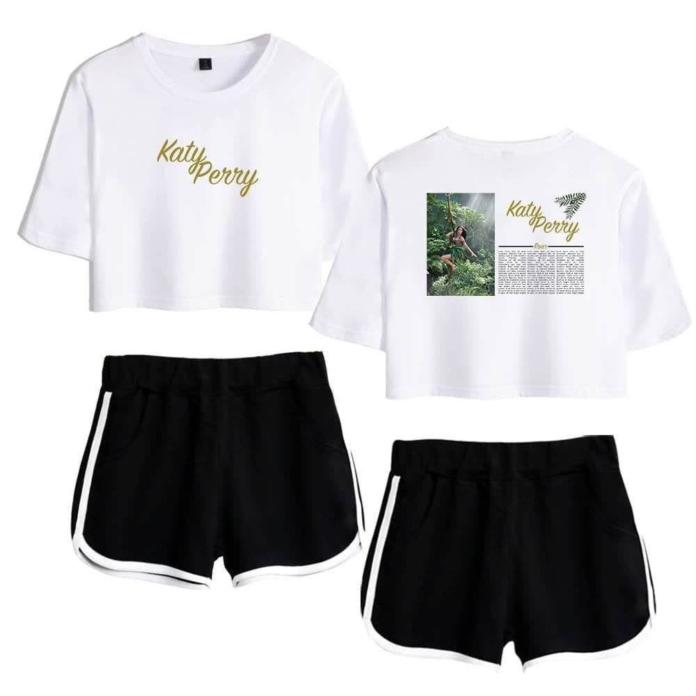 Katy Perry swag crop top and shorts set with graphic and text design.