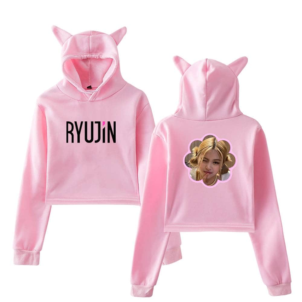 Ryujin pink hoodie with cat ears and photo print, stylish Justin Bieber swag merch for fans, trendy casual wear for a youthful look, perfect for customizing with unique designs and photos.