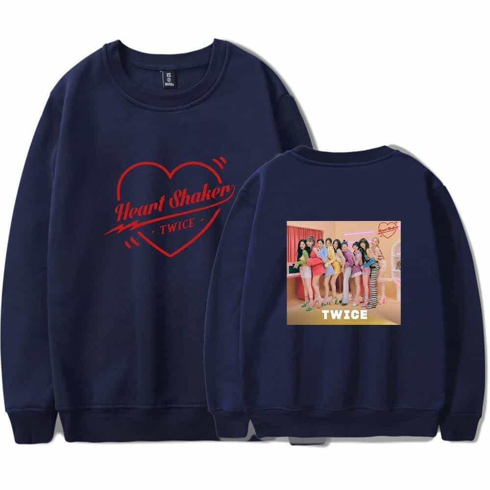 Heart Shaker TWICE sweatshirt with front red heart graphic and group photo back design, perfect for fans of Justin Bieber swag merch style.