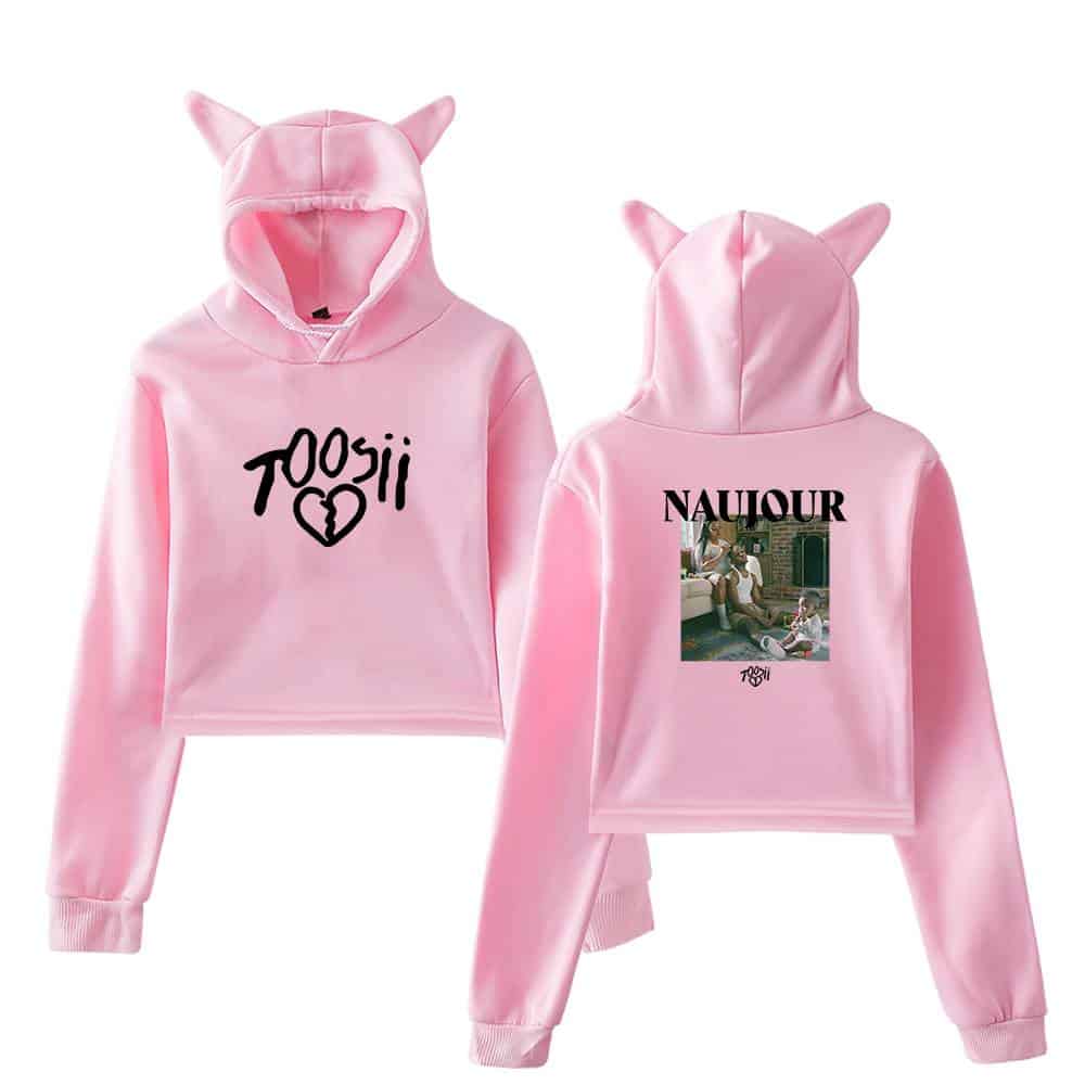 Toosii swag hoodie with cat ears, pink color, featuring bold text and a printed photo, perfect for fans of Justin Bieber-inspired streetwear style.
