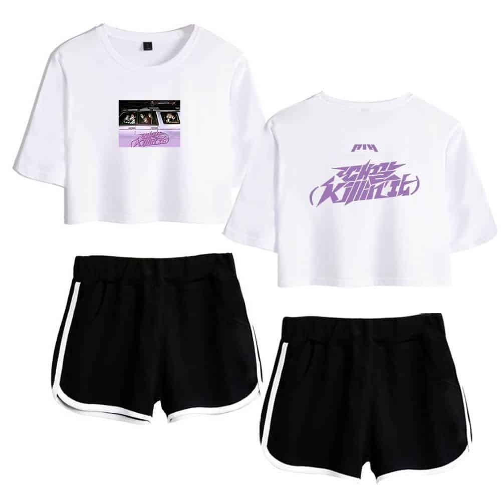 Justin Bieber swag merchandise featuring trendy crop tops with graphic prints and sporty black shorts with white side stripes. Perfect for showcasing stylish casual streetwear inspired by celebrity fashion.
