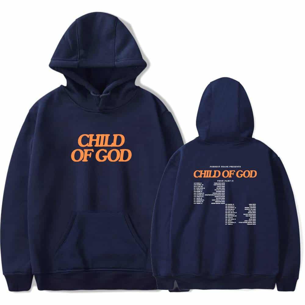 Child of God hoodie with bold orange text and tour tracklist on the back, inspired by Justin Bieber's swag merch collection. Perfect for fans of stylish and religious-themed apparel.