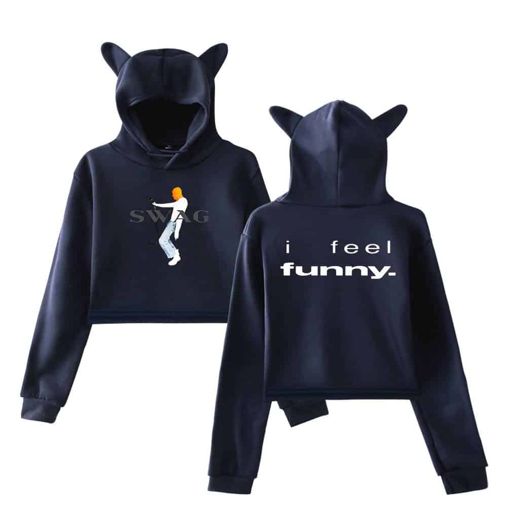 Sweatshirt with Justin Bieber swag mascot design and "I feel funny" text, black hoodie with playful graphics, perfect for fans of Justin Bieber streetwear swag merch.