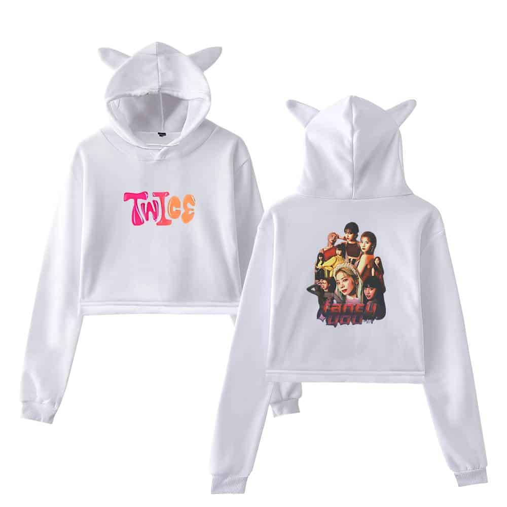 Soft white hoodie with playful "THOSE" text on the front and colorful graphic featuring girl groups on the back, complete with cute pointy ears on the hood.