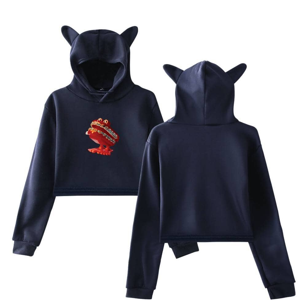 Cute black hoodie with animal ears and a colorful cartoon dinosaur graphic, perfect for Justin Bieber fans who love trendy swag merch.