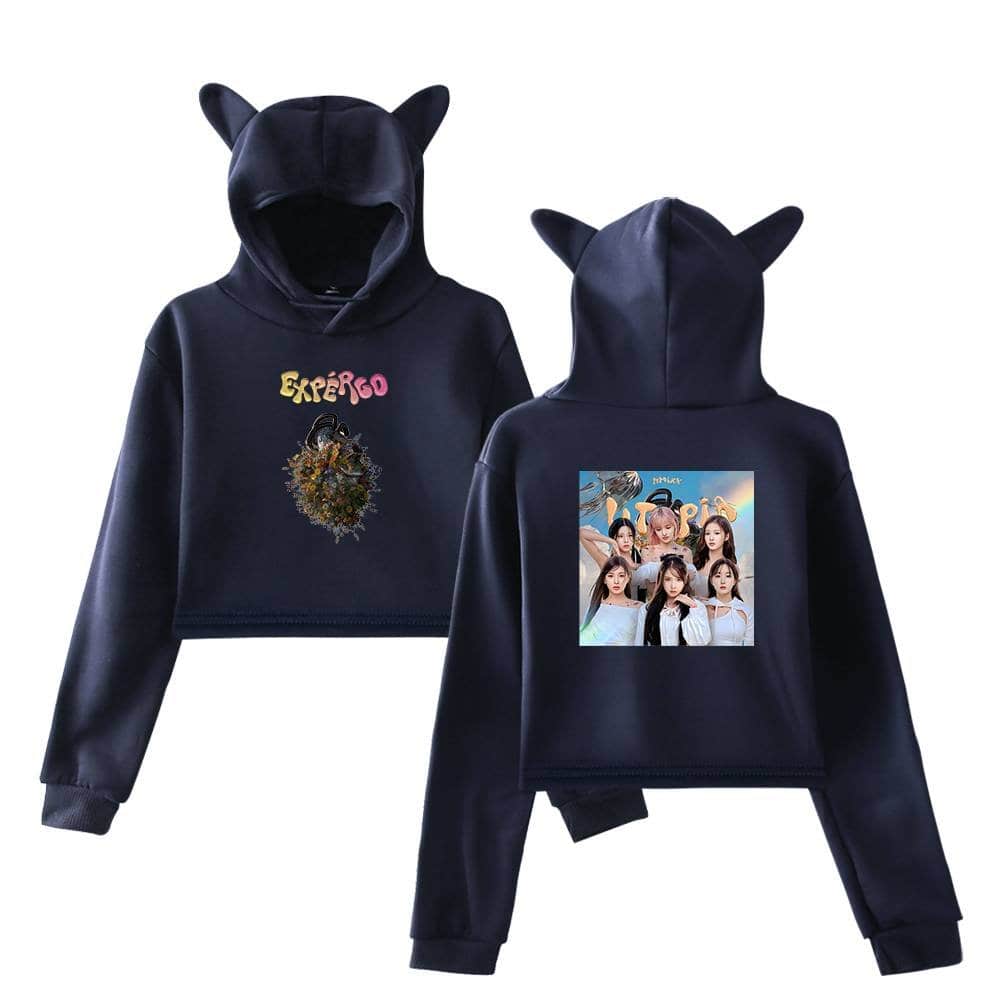 Girls' black hoodie with animal ears, featuring a colorful graphic and the word "ExperGo" on the front, and a group photo of a girl band on the back, perfect for casual swag merch.