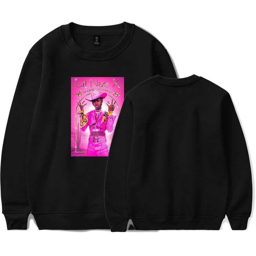 Viral Justin Bieber swag hoodie with Lil Nas X graphic print, vibrant pink and black, perfect for fans of celebrity merch and streetwear fashion.