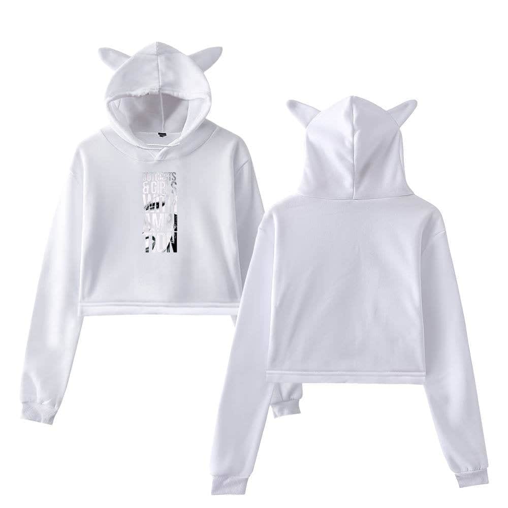 White hoodie and sweatpants set with horn and ear details for a playful, swag-inspired Justin Bieber merch look. Perfect for fans who want trendy, comfortable streetwear.