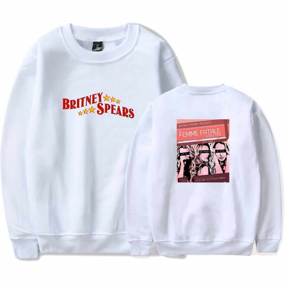 Bright white sweatshirt featuring bold red and yellow Britney Spears logo on the front and a pink-themed Femme Fatale tour graphic on the back, perfect for Justin Bieber swag merchandise fans.