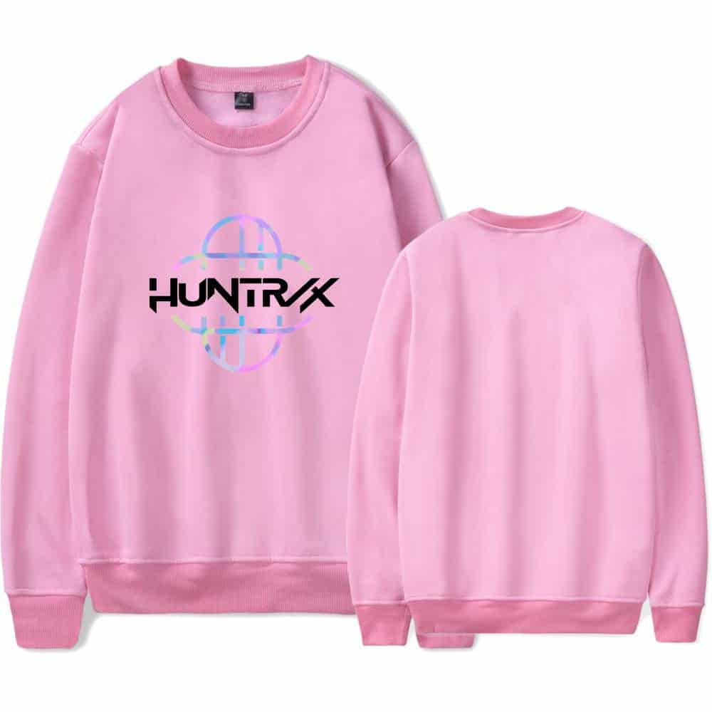 HUNTRX pink sweatshirt with graphic design, oversized fit, casual streetwear style, perfect for Justin Bieber swag merch fans.
