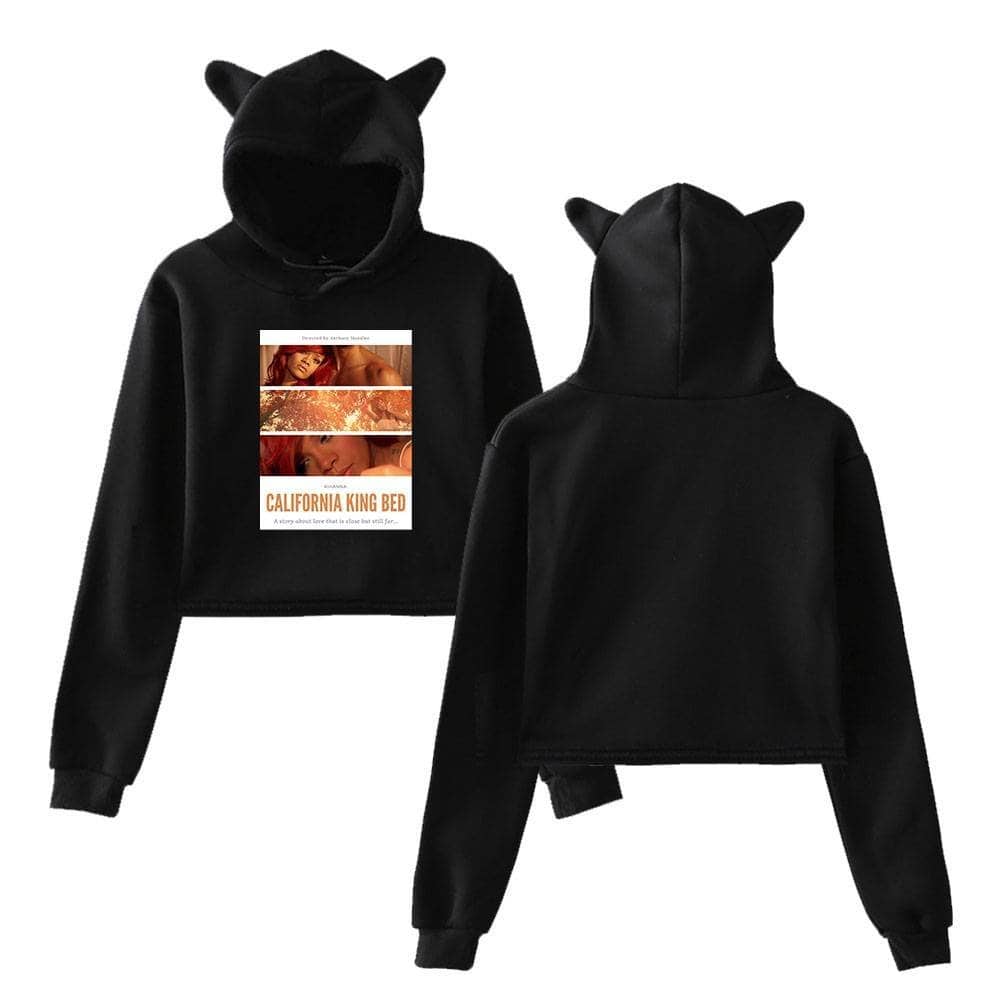 California King Bed hoodie with black cat ears, featuring a graphic of Rihanna on the front and fun swag design, perfect for Justin Bieber fans or streetwear style enthusiasts.