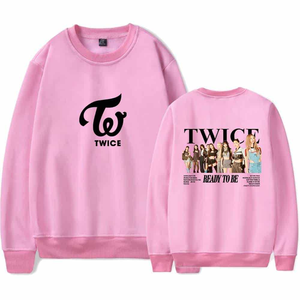 TWICE pink sweatshirt with logo front and group photo back featuring the K-pop girl group TWICE, perfect for K-pop fans and trending streetwear.