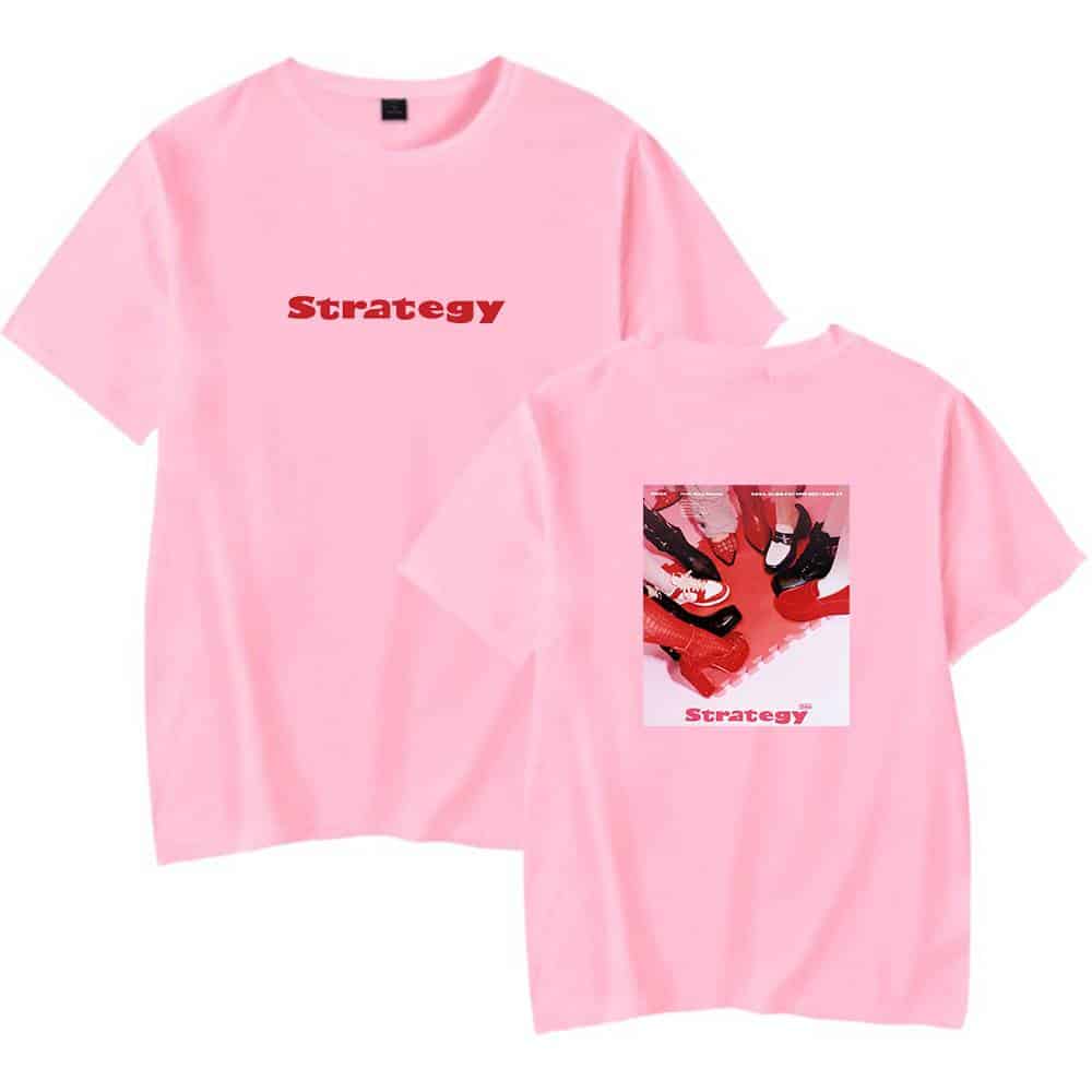 Pink Justin Bieber swag merch t-shirt with bold red "Strategy" text and a collage of sneakers on the back, perfect for fans who want to showcase their style.