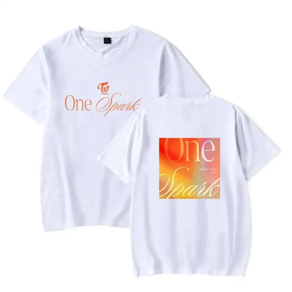 Twice one spark t-shirt, white with orange and pink graphic design, trendy merchandise for Justin Bieber fans.