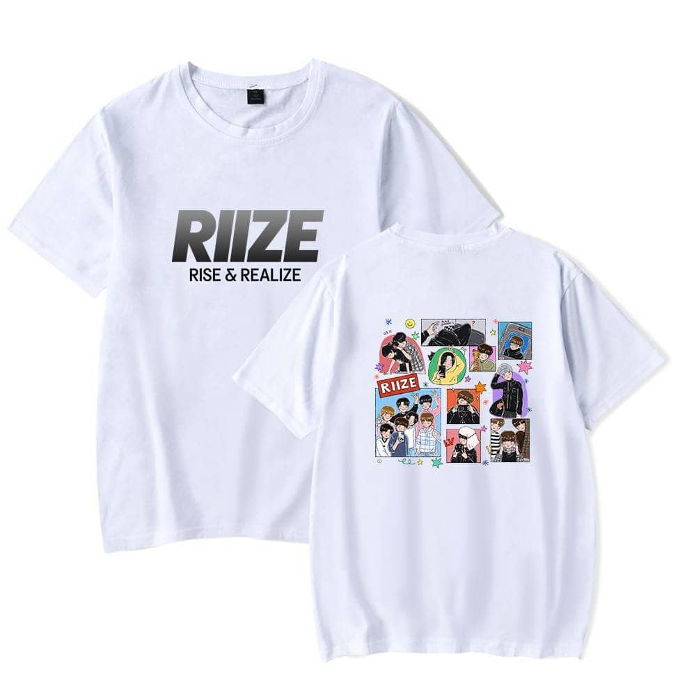 RiiZE Justin Bieber swag merch T-shirts with bold graphics, featuring the phrase "RISE & REALIZE" and colorful cartoon-style illustrations of K-pop fans, perfect for streetwear and fan apparel.