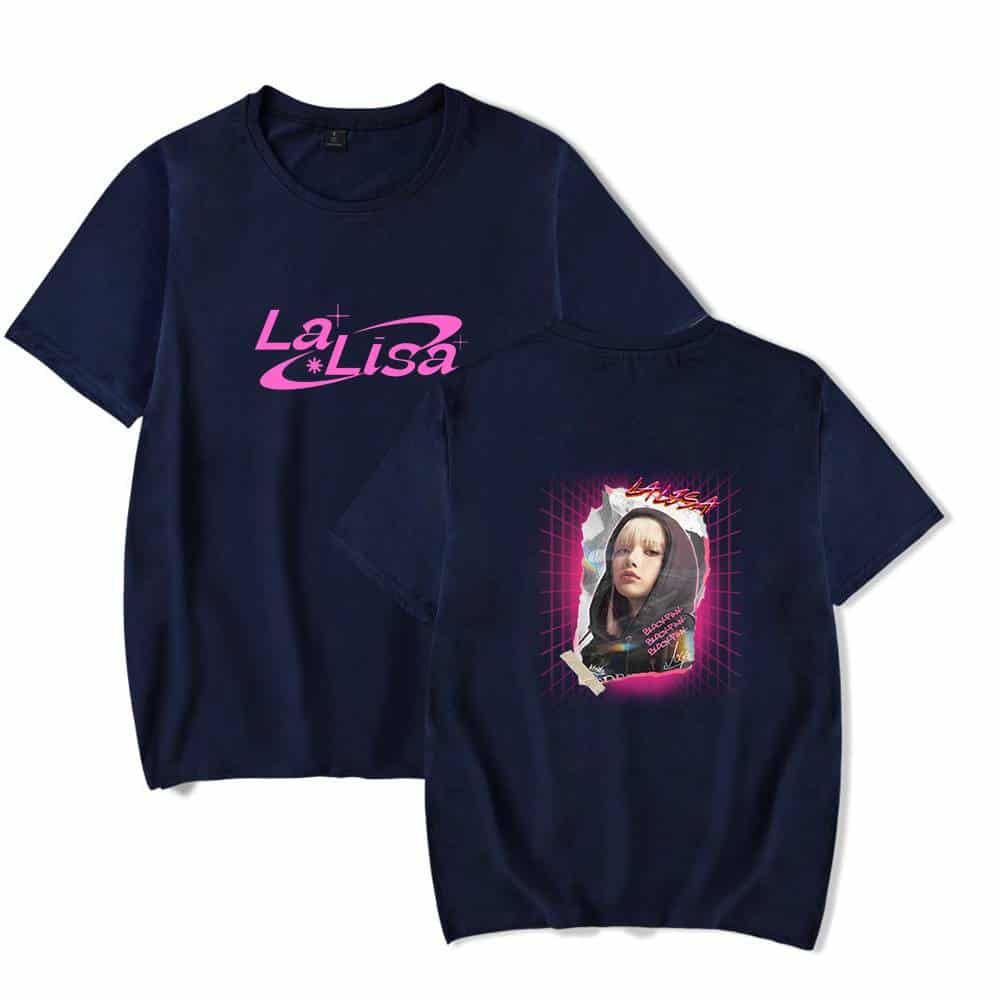 Bright pink "La Lisa" logo t-shirts featuring Justin Bieber swag merchandise, with a retro 80s aesthetic and bold graphic design. Perfect for fans of Justin Bieber's style and streetwear fashion.