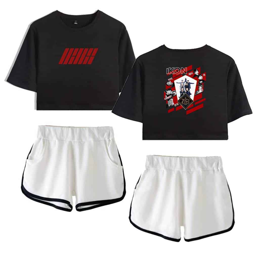 IHihat graphic crop top and K-pop idol group IKON printed shorts, trendy swag merch, stylish streetwear clothing for fans, casual fashionable apparel inspired by Justin Bieber's swag style.