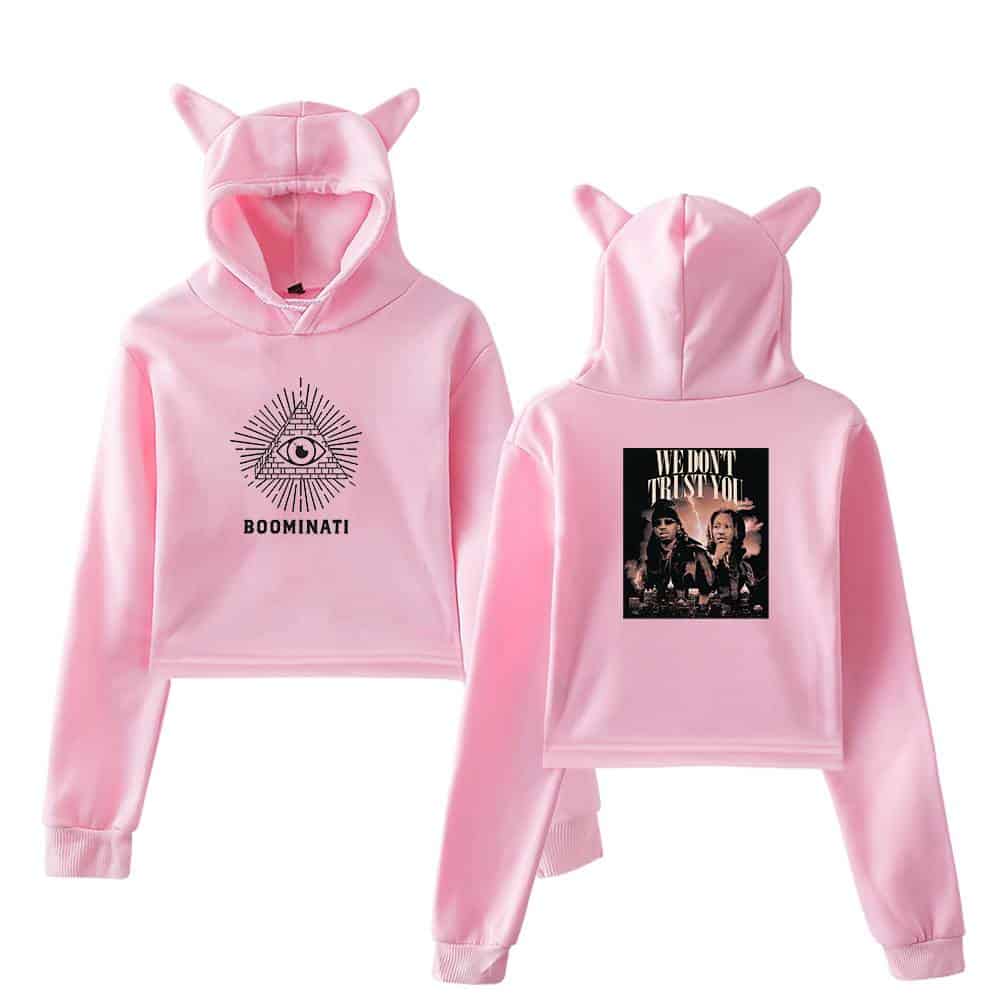 Pink hoodie set with cat ears and graphic prints, inspired by Justin Bieber swag merch, perfect for fans of trendy streetwear and pop culture.