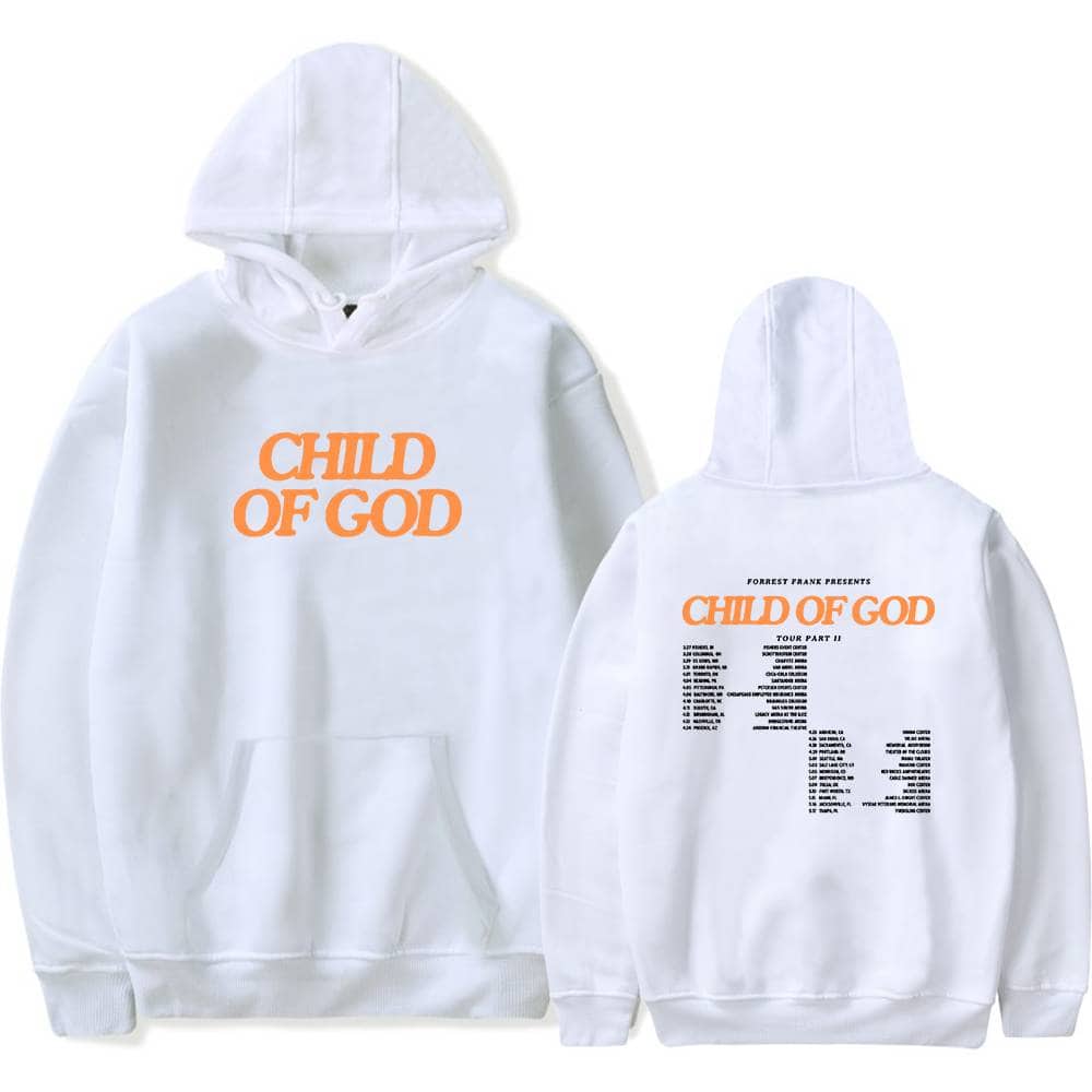 Child of God white hoodie with bold orange text on front and tour schedule on back, stylish and trendy, perfect for Justin Bieber fans and streetwear enthusiasts.