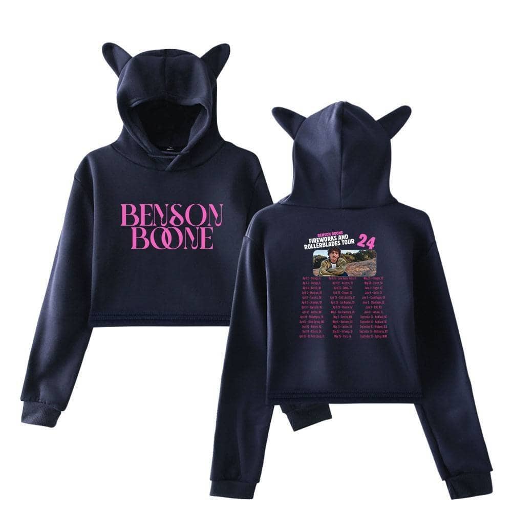Benjamin boone swag hoodie with cat ears hood, black color with purple text and graphic design.