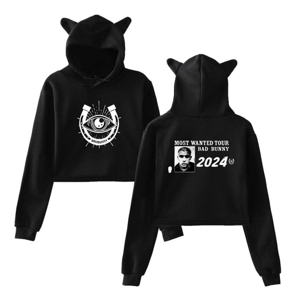 Black hooded sweatshirt with bunny ears, Justin Bieber swag merch design, eye and abstract graphics, perfect for fans of celebrity-inspired streetwear, casual and stylish.