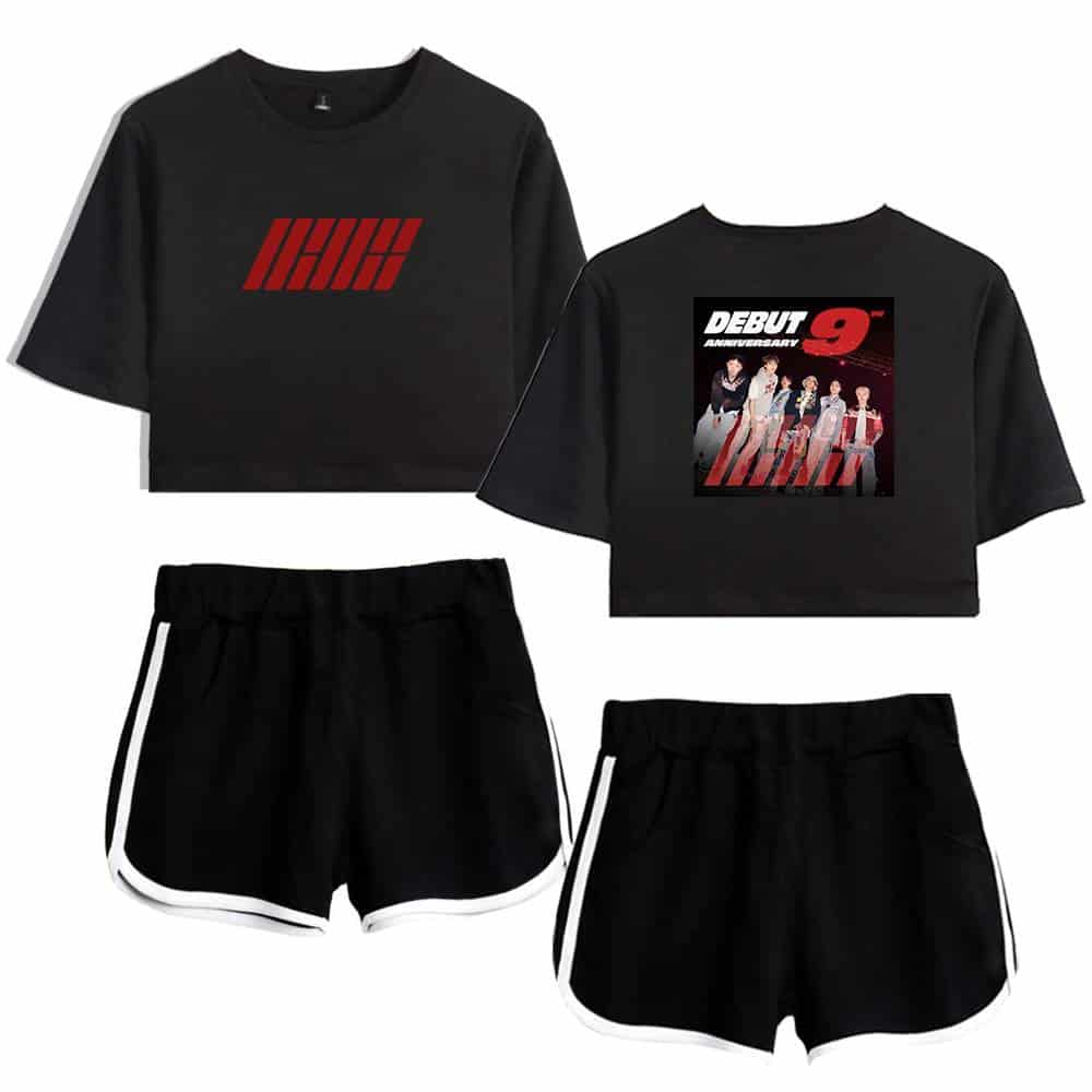 Justin Bieber swag merch, featuring stylish crop tops with bold graphics and casual black shorts with white trim. Perfect for fans wanting to showcase their Bieber pride with trendy streetwear.
