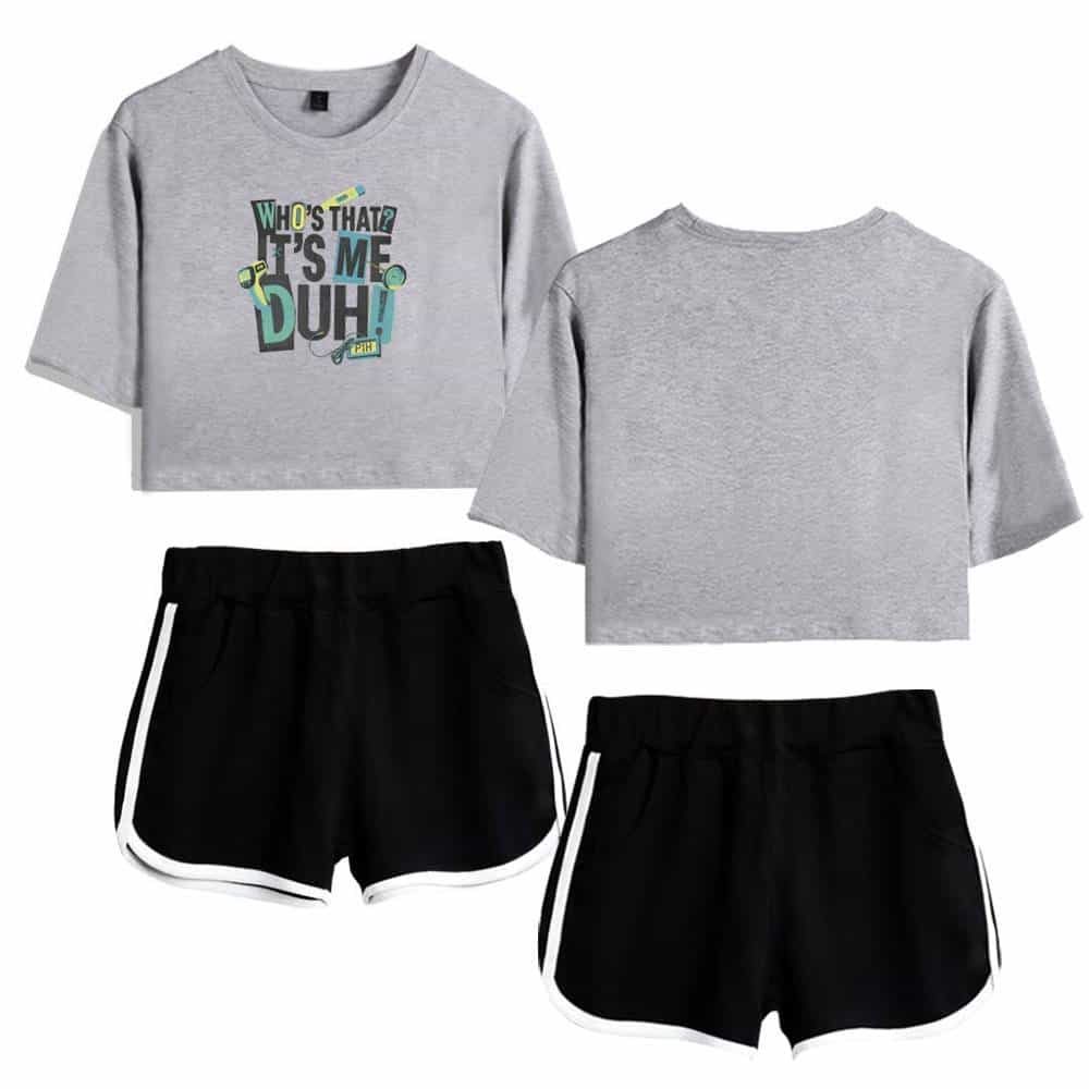 Justin Bieber swag merch casual outfit set including grey graphic crop top and black athletic shorts. Perfect for fans wanting trendy, comfortable apparel inspired by Bieber's style.