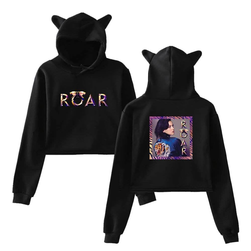 Black hooded sweatshirt with "ROAR" text and a tiger print, featuring Justin Bieber swag merch design, cute animal hoodie for fans.