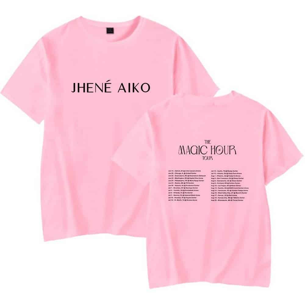 Jhené Aiko pink swag merch t-shirt with tour dates and logo, trendy and stylish Justin Bieber-inspired fashion piece.