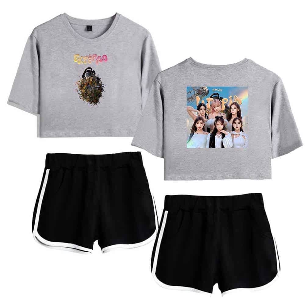 Printed Justin Bieber swag merch cropped t-shirts featuring colorful graphics and photos of the K-pop girl group Momoland paired with black athletic shorts. Perfect for fans of Justin Bieber's fashion and streetwear style.