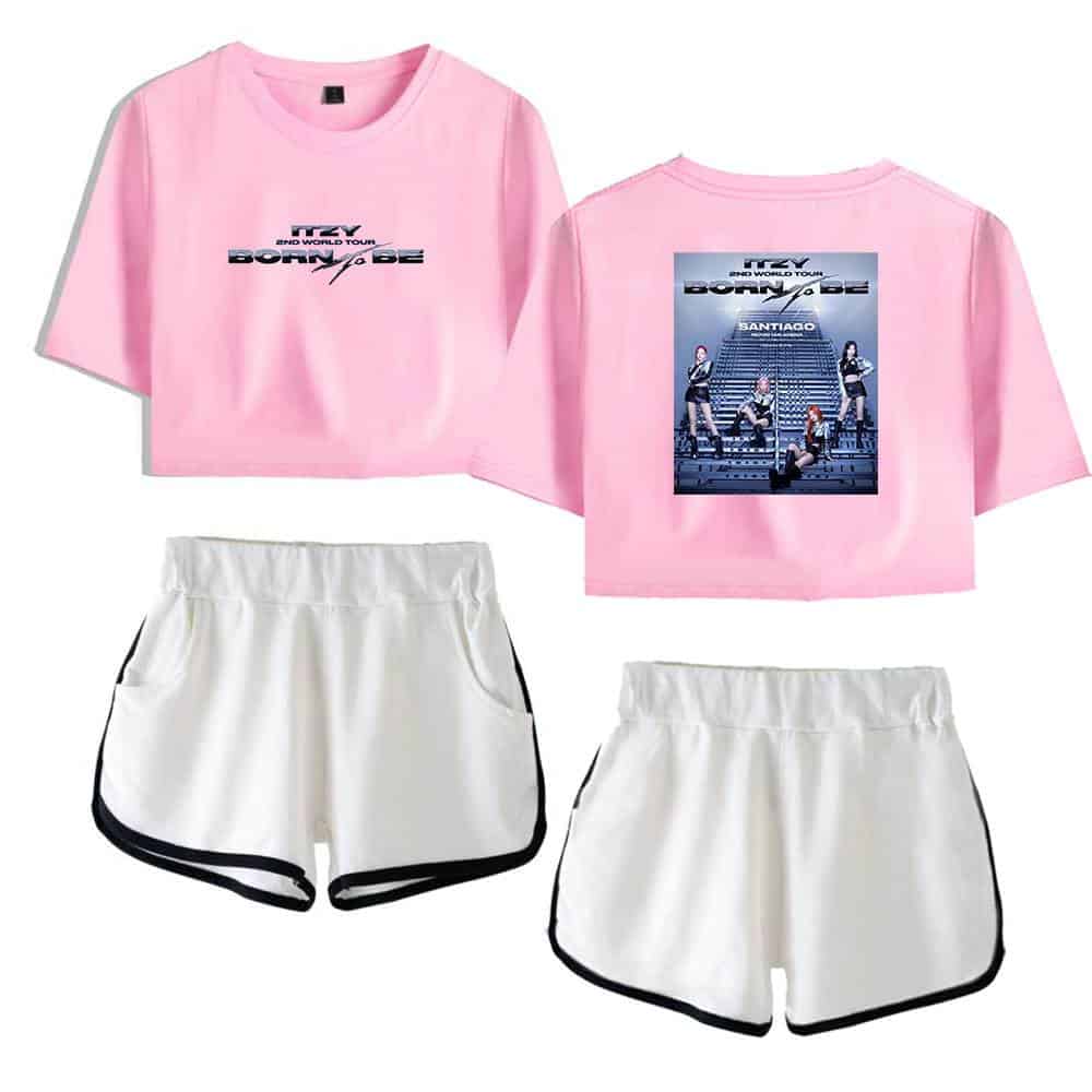 Justin Bieber swag merch pink cropped T-shirt with graphic print and matching white athletic shorts with black trim, perfect for fans and streetwear fashion.