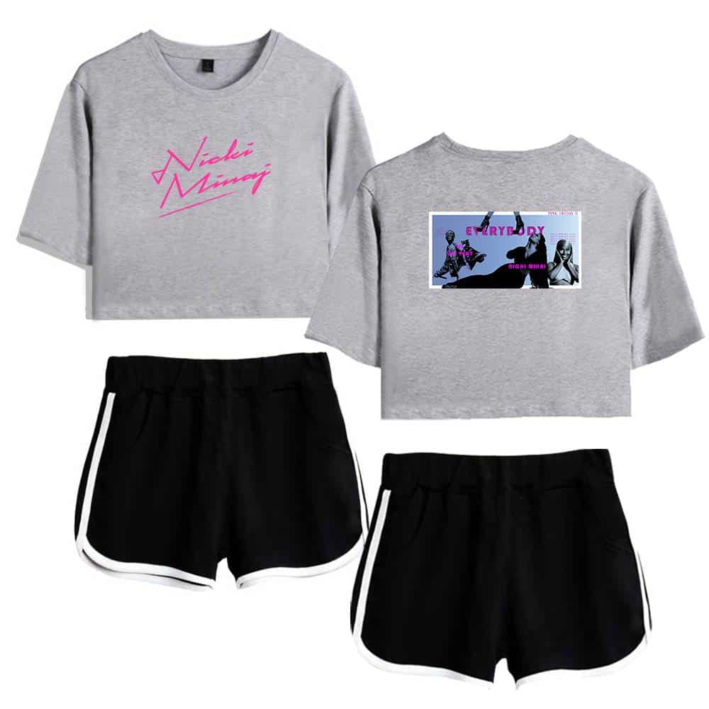 Nicki Minaj sweatshirt and streetwear outfit with graphic t-shirt and shorts, inspired by Justin Bieber swag merchandise. Perfect for fans of pop and hip-hop fashion styles.