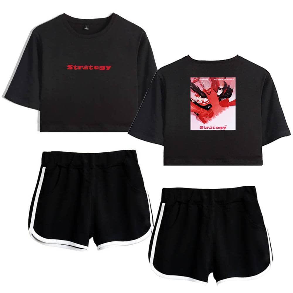 Black cropped sweatshirt with "Strategy" in red text on front and a graphic of sneakers with "Strategy" written below on back, paired with black athletic shorts featuring white trim.