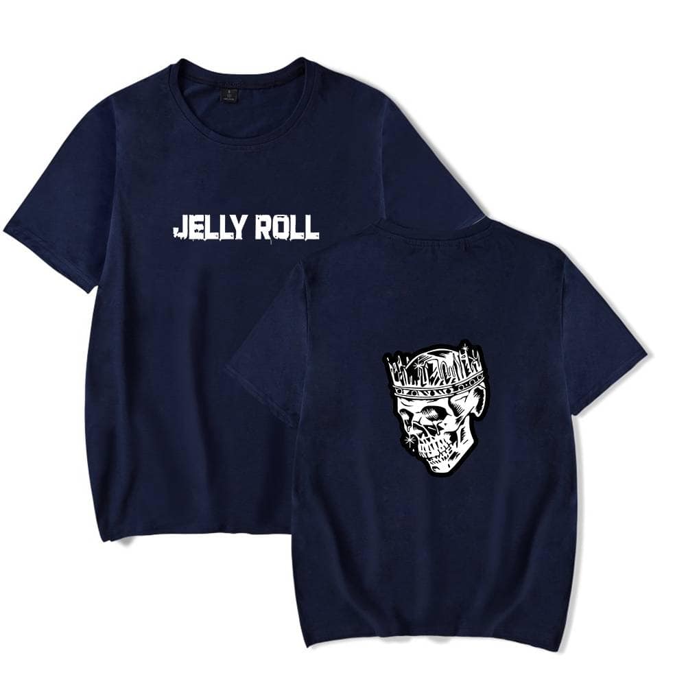 Jelly Roll graphic t-shirt featuring skull with crown design and bold text, perfect for Justin Bieber swag merch fans.