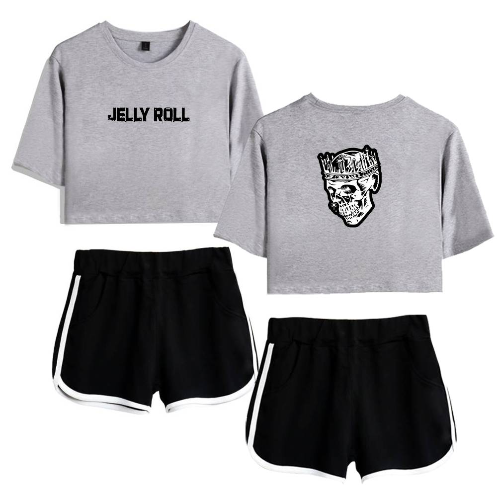 Jelly Roll sweatshirt and skull graphic tee with black shorts featuring white stripe side detailing.