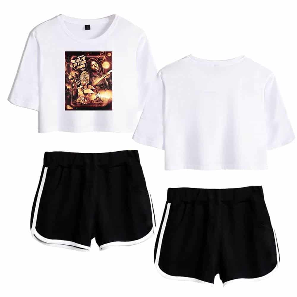 Justin Bieber swag merchandise featuring trendy white cropped T-shirts and black shorts with white piping, perfect for sportswear or casual street style.