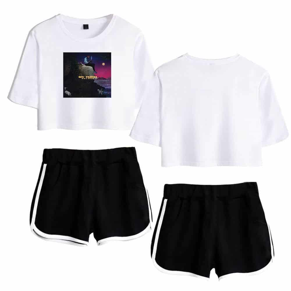 Black and white casual outfit featuring a graphic crop top with an image of Justin Bieber and matching black shorts with white trim.