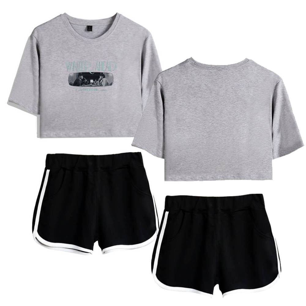 Justin Bieber swag merch casual gray cropped t-shirts with "Winter Ahead" print, paired with trendy black athletic shorts with white piping, perfect for fans who want stylish and comfortable Justin Bieber-inspired streetwear.