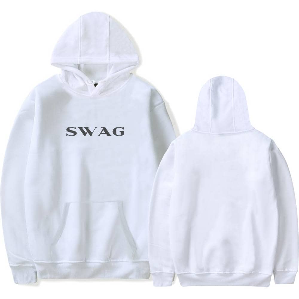 White hoodie with "Swag" printed on the front, perfect for Justin Bieber fans who love stylish and casual streetwear.