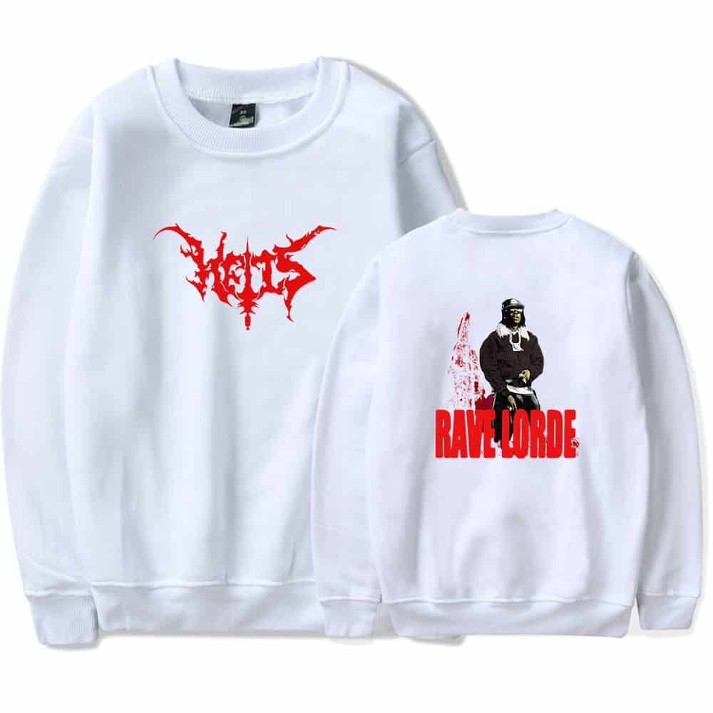 Vels logo graphic sweatshirt with bold red design, featuring a stylized logo on the front and a graphic of a rapper with "RAKE LORDE" text on the back, perfect for Justin Bieber swag merch fans.