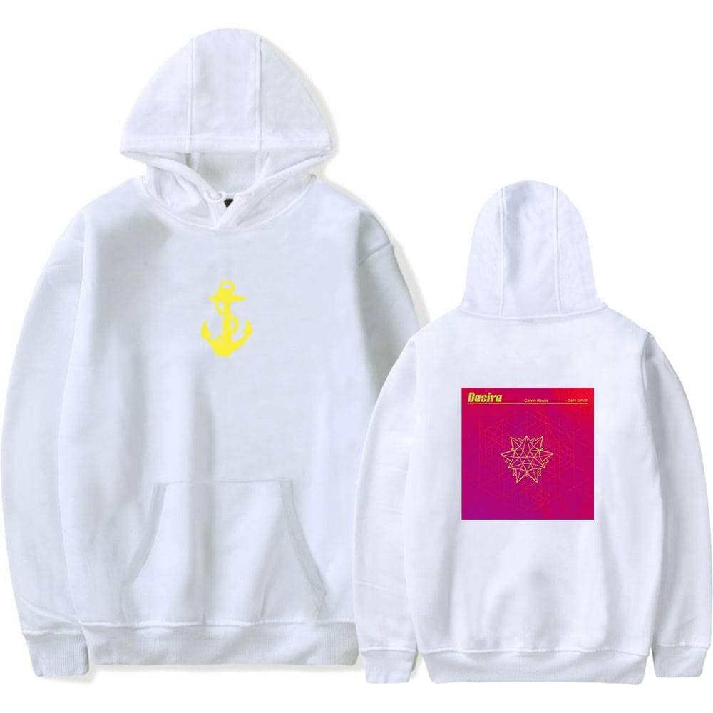 White hoodie with yellow anchor graphic front and vibrant pink and yellow "Desire" album design back, inspired by Justin Bieber swag merch.
