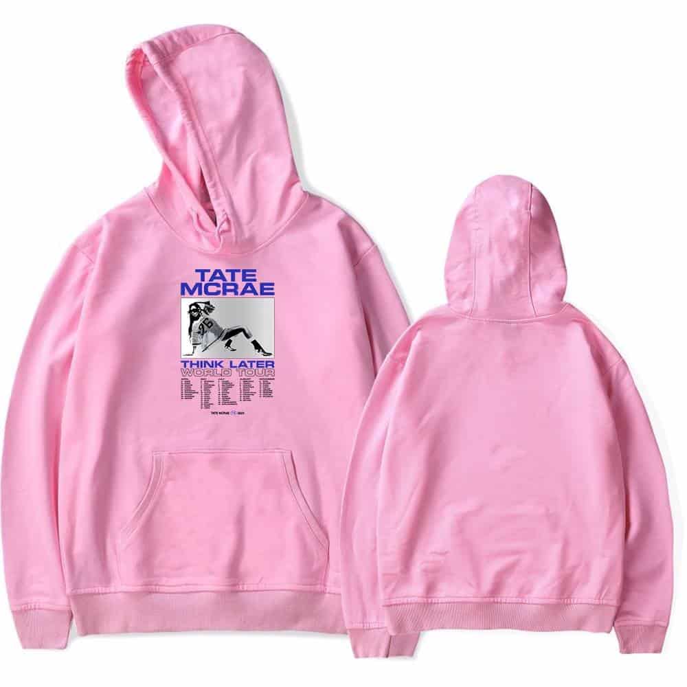Tate Mcrae pink hoodie with graphic and tour details, stylish and trendy.